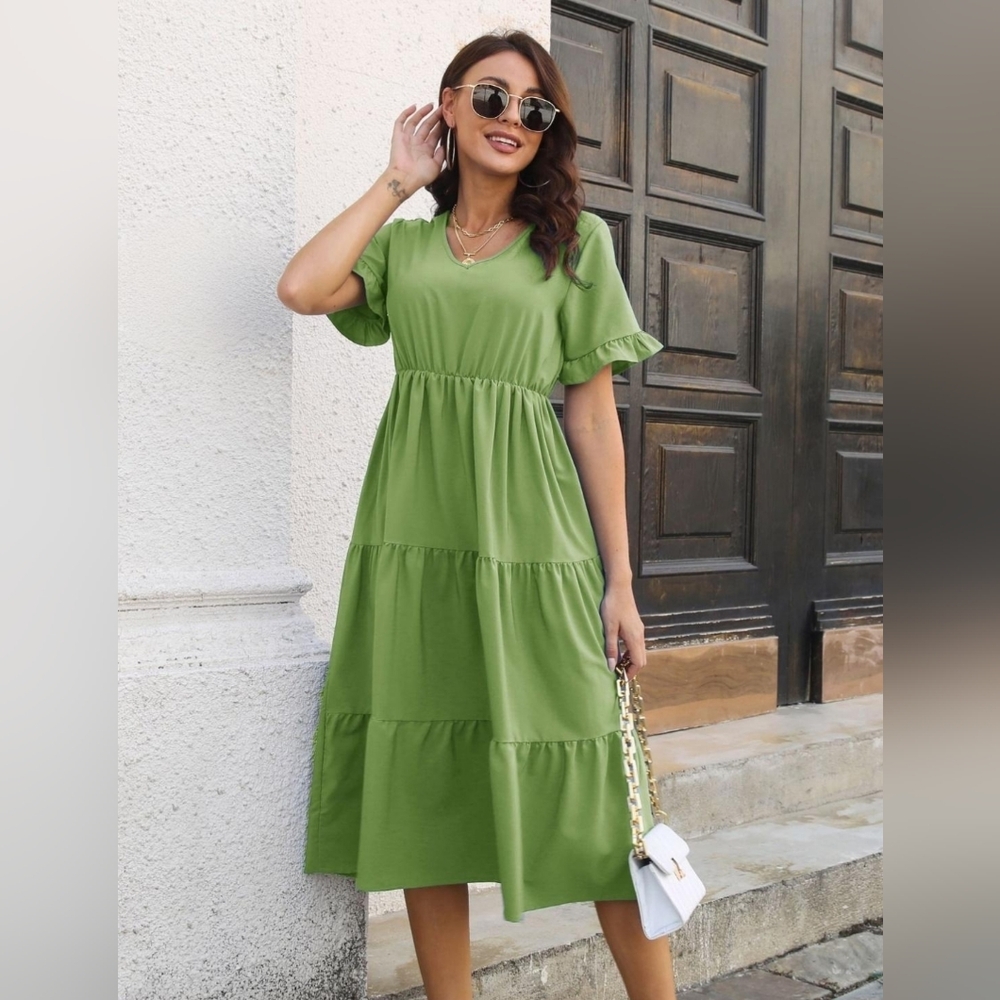 Green Ruffle Sleeve Midi Dress